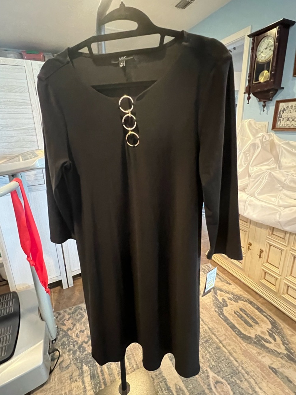 MSK Black Long-Sleeve Shift Dress with Gold Ring Detail